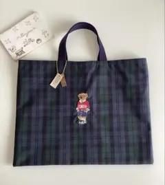 タータンチェックのテディベア刺繍⭐︎手提げトートバッグ⑥柄【36】