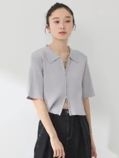 【earth】衿付きダブルZIPカーディガン(ライトグレー/S)