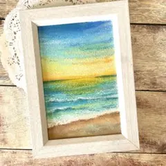 黎明のポリフォニー】朝日の海 油絵 A4額縁付 / 夏の夕日 朝焼け
