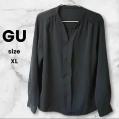 【GU】Vネックデザイン BLACK薄手ブラウス XL