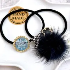 ハンドメイド　レジン　ヘアゴム ヘアアクセサリー　ミンクファー　雪の結晶　ラメ