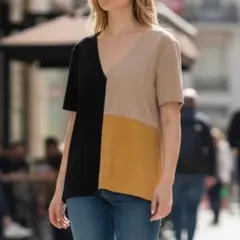 美品 ザラ ZARA トップス S 黒×黄×ベージュ スエード風 カラーブロック