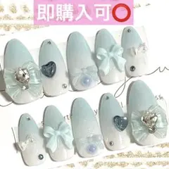 ネイルチップ現品オーダー量産型フレンチガーリー韓国ワンホンスナ系ちゅるん白青水色