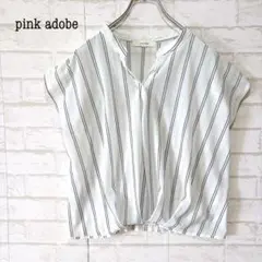 pink adobe ストライプ ブラウス（M）白 黒 スキッパー 抜き襟 春夏のサムネイル