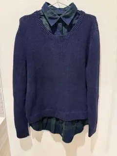 Lauren Ralph Laurenニットチェックシャツ レイヤード 紺 XL