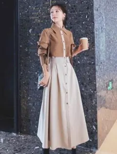 配色 ケープ シャツロングワンピース 布ベルト付き 韓国ワンピース