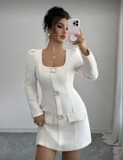 ホワイト ミニワンピース スクエアネック