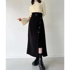 ジュノア /スリットロングスカート ベルト付き ラップスカート 黒 Mのサムネイル