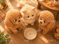 茶色い巻き毛の犬２匹とクリーム色の猫が空のお皿を囲む３ＤＣＧ風イラスト a15