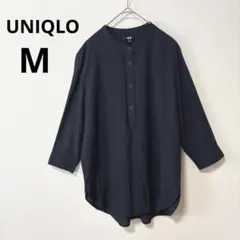 UNIQLO M ネイビー レーヨン ノーカラーブラウス バンドカラー 七分袖