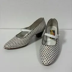 日本製 23.5 編み込みデザイン パンプス ホワイト/ブラウン