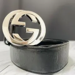 GUCCI ベルト インターロッキング GG柄 シマレザー シルバー金具 黒