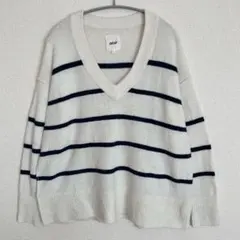 エアリー 【S】ボーダー Vネック 長袖 リブ 白 黒 ナイロン 休日 デート