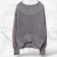 長袖ざっくり編みニットセーター グレー 透け感(F)Uネック 重ね着 シンプル