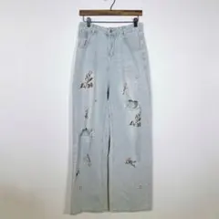 浪漫幻想　クラッシュデニム　ダメージジーンズ　花柄刺繍　ウォッシュ加工　Lのサムネイル