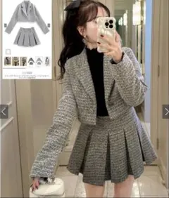 ラメツイードジャケットプリーツミニスカートセットアップ dk1317 GRL