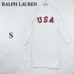 【ラルフローレン】膝丈 長袖 ワンピース ハイネック S クリーム系 コットン混