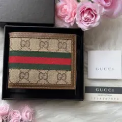 GUCCI GGキャンバス 二つ折り財布 シェリーライン カード お札