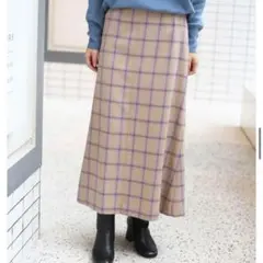スローブイエナ　ウール混　チェックマーメイドロングスカート　ベージュ　L