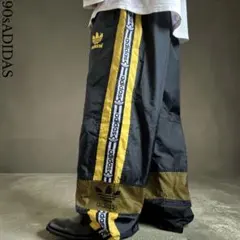 極太90s old adidas バギーナイロントラックパンツ ロゴテープ 黒