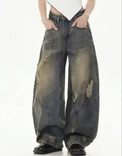 ダークデニム ワイドレッグパンツ
